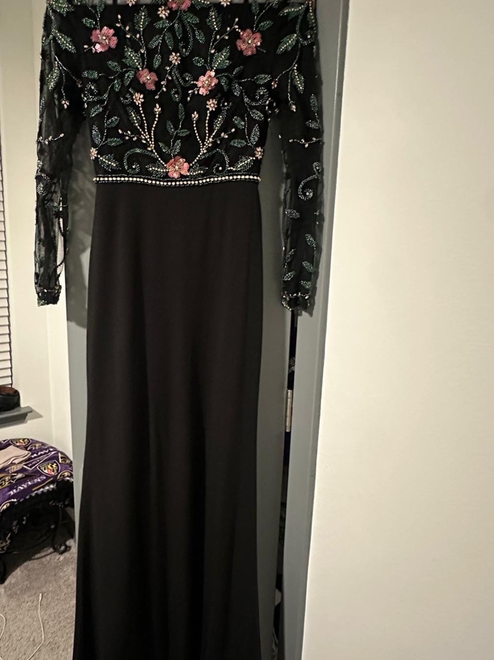 Black Embroidered Floral Long Sleeve Evening Dress